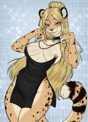 absurd_res android anthro barely_visible_genitalia barely_visible_vulva biped black_clothing black_dress cheetah choker clothing colored detailed digital_drawing_(artwork) digital_media_(artwork) dress felid feline female female_anthro genitals hi_res ioan_kian jewelry lena_fluffy_(knox1607) looking_at_viewer machine mammal meme meme_clothing navel necklace nipple_piercing nipple_piercing_dress nipples piercing portrait pose robot shaded solo standing three-quarter_portrait vulva