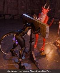 3d_(artwork) anthro beads black_body bondage bound breasts chains claws demon digital_media_(artwork) dominant dragon duo english_text eyewear falconclaw_(character) falconfeather female genitals hi_res horn imposter magic mythological_creature mythological_scalie mythology navel nipples nude open_mouth pole princess prison restraints royalty scale_freckles scales scalie smile solo spread_legs spreading stocks text warrior