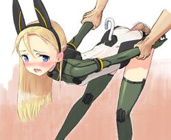 arm_held_back bent_over blonde_hair blue_eyes blush doggy_style elise_von_dietrich female flat_chest green_legwear hairband long_hair magic_penis male penis pubic_hair sakusa_kuruku sakusakuruku sex sky_girls straight testicles thighhighs uncensored wrist_grab