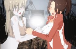 2011 2girls animated animated_gif blush breast_grab breasts brown_hair closed_eyes derivative_work ear female gif groping hangaku jacket left_4_dead multiple_girls nipple_tweak nipples no_eyes open_mouth shirt silver_hair source_request the_witch tree witch_(left_4_dead) yuri zoey_(left_4_dead) zombie zombie_girl