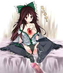 3_eyes amagase_lyle bare_shoulders black_hair black_legwear black_panties black_wings bow breasts brown_hair cleavage collarbone cum feet footjob hairbow long_hair multi_eye no_bra no_pants off_shoulder panties penis red_eyes sitting skirt_around_one_leg solo spread_legs thighhighs touhou translated uncensored unyu utsuho_reiuji wings