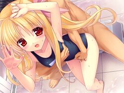 anime_style big_eyes blonde_hair fate_testarossa female fingering front_view himukai_kyousuke human long_hair lyrical_nanoha mahou_shoujo_lyrical_nanoha male open_mouth pale_skin red_eyes school_swimsuit solo_focus straight swimsuit tagme tan_skin