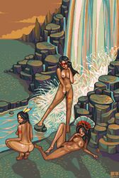 3girls ass barefoot black_hair bodypaint cloud dark-skinned_female facing_viewer full_body jinndevil knee_up landscape legs_together long_hair looking_at_viewer looking_back lowres medium_breasts multiple_girls native_american native_american_clothing native_american_headdress nude_female on_floor on_ground pixel_art pubic_hair river squatting squaw standing waterfall