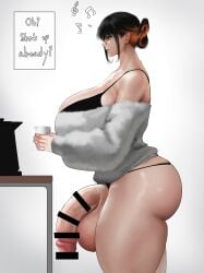 1futa balls black_hair bottomless breasts censored clothed clothing coat coffee coffee_mug english_text flaccid_penis futa_only futanari glasses huge_cock human kulfodo light-skinned_futa light_skin mug off_shoulder orange_hair partially_clothed penis penis_out pov side_view solo text two-tone_hair underwear