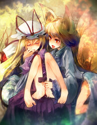 animal_ear barefoot blonde_hair censored closed_eyes feet female fingering fox_ear fox_tail fur hat kneeling mosaic mosaic_censoring multiple_girls multiple_tails open_mouth pussy pussy_juice ran_yakumo red_eyes saliva saliva_trail sleep_molestation sleeping tail tongue tongue_out touhou ukyo_rst yukari_yakumo yuri