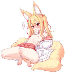1girl animal_ear_fluff animal_ears bar_censor barefoot blonde_hair blush cardigan censored clothes_lift clothing_aside commentary_request fang flat_chest fox_ears fox_girl fox_tail hair_ribbon highres looking_at_viewer nipples open_cardigan open_clothes original panties panties_aside pussy red_eyes red_ribbon red_skirt ribbon shirt shirt_lift shokupan_(slvk12) skirt solo tail twintails underwear white_cardigan white_panties white_shirt