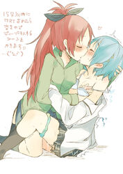 2girls ayase08 blue_hair blush bow bra breast_grab breasts female female_only green_shirt hairbow highres hoodie kissing kneehighs lesbian lingerie mahou_shoujo_madoka_magica miki_sayaka multiple_girls mutual_yuri open_clothes open_shirt panties panties_around_leg panties_around_one_leg ponytail pun2 red_hair sakura_kyouko saliva school_uniform shirt text tied_hair translation_request trembling underwear yuri