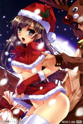 areolae arm_grab black_eyes blush breasts breath bridal_gauntlets brown_hair capelet christmas costume fingerless_gloves full_moon fur_trim gloves hat highres long_hair misaki_kurehito moon no_bra no_panties open_mouth original reindeer reindeer_costume sack saliva santa_costume santa_hat sex shawl skirt skirt_lift snow thighhighs underboob white_legwear white_thighhighs