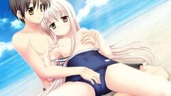 akizuki_tsukasa aqua_(game) blonde_hair censored game_cg school_swimsuit tsukishiro_nanari