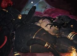 alien anal anal_sex anthro big_muscles big_pecs big_penis black_body black_penis black_penis_tip bodily_fluids cum cum_on_chest cum_on_self cupcake_(parasytal) duo fire genital_fluids genitals gold_(metal) gold_jewelry hair heart_symbol hi_res hung_bottom jewelry larger_penetrated long_hair lying male male/male moon muscular muscular_bottom muscular_male muscular_thighs night on_back open_mouth palm_tree parasytal pecs penetration penis plant predator_(franchise) pupils red_hair red_tail size_difference small_dom_big_sub small_top_big_bottom tail thick_thighs tree watermark white_pupils yautja