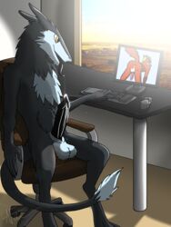 2boys anus apartment backlit canine computer exotic floof fox furry knot male male_only mammal masturbation multiple_boys nalyd penis pornography precum raunchyhaunches sergal shiny sitting smile solo testicles text tongue