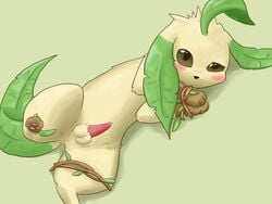 anus balls blush bondage eeveelution fen feral fur generation_4_pokemon hindpaw leafeon lying male male_only mammal nintendo penis pokemon pokemon_(species) precum solo spreading