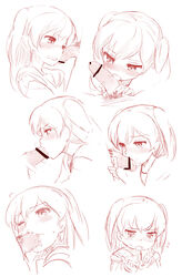 blush censored cum cum_in_mouth cumdrip cupping_hands face fellatio highres licking long_hair monochrome nagian oral original penis penis_awe penis_on_face school_uniform serafuku shii_(nagian) sketch tear tied_hair twintails wavy_mouth