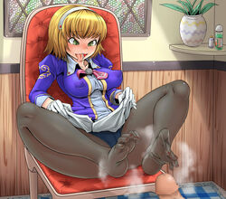 black_panties blonde_hair body_heat cassandra_alexandra censored chair drool erect_nipples erect_nipples_under_clothes feet female gloves green_eyes hairband human impossible_clothes impossible_clothing male miniskirt mokkosss mokugyuutan nail_polish naughty_face open_mouth panties pantyhose penis saliva short_hair sitting skin_tight skirt skirt_lift smell smelly_feet soul_calibur soul_calibur_ii steam straight suzumiya11 tadarai tongue underwear white_gloves