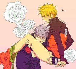 blonde_hair blush flower grey_hair hatake_kakashi human i_(kaiyou) kakashi_hatake kissing lowres male male_only multiple_males naruto scar source_request uzumaki_naruto yaoi