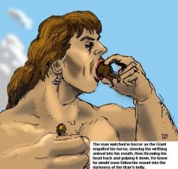 2001 blue_sky brown_hair cloud colored english_text equid equine feral feral_prey gianttoby group hair head_first horse human human_pred macro macro_human male male/male mammal muscular open_mouth oral_vore pale_skin signature skull_jewelry sky tail text trio vore