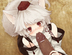 animal_ear bare_shoulders blush censored cum dark_penis detached_sleeves facial fellatio from_above fur hat interracial kneeling looking_at_viewer momiji_inubashiri oral penis pointless_censoring pov red_eyes short_hair simple_background straight sucking tail tassel tokin_hat touhou urin white_hair wolf_ear wolf_tail