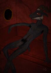 age_difference anthro black_body black_fur blind body_hair bovid caprine caprine_demon demon disability facial_hair foreskin fur genitals goat goat_demon hi_res horn lying male mammal mordecai_(anthroterra) older_male penis pubes scruffymutty solo
