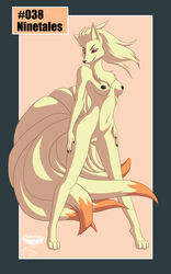 anthro black_nails black_nipples breasts canine female fox kitsune mingchee multiple_tails nail_polish ninetales nipples pokemon pussy red_eyes solo standing straight_hair tail vulva