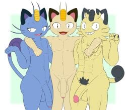 alolan_form alolan_meowth anthro arm_around_back arm_around_neck balls big_balls big_penis black_body black_fur blue_body blue_fur brown_eyes casual_nudity cheek_tuft claws crotch_tuft cute_fangs facial_tuft fangs flaccid foreskin fur galarian_form galarian_meowth gay generation_1_pokemon generation_7_pokemon generation_8_pokemon genitals group hi_res homosexual humanoid_genitalia humanoid_penis kamek_sans looking_at_viewer male male_only meowth muscular muscular_anthro muscular_male nintendo penis pokemon pokemon_(species) pubes purple_body purple_fur regional_form_(pokemon) sharp_teeth shiny_pokemon smile smiling_at_viewer tan_body tan_fur teeth thick_thighs trio tuft whiskers wide_hips yellow_body yellow_fur