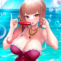 1girls bare_shoulders big_breasts brown_hair bubbles cleavage exposed_shoulders female female_only gradient_eyes gradient_hair hi_res highres hotdog hotdog_on_stick indie_virtual_youtuber large_breasts light-skinned_female light_blush light_skin looking_at_viewer mole mole_under_eye necklace neckwear ocean oily open_mouth pink_hair ponytail red_eyes sausage sea shioripon solo tied_hair tongue tongue_out virtual_youtuber water wet wet_body wet_skin