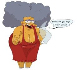 1girls bent_over cleavage english_text female female_focus female_only grey_hair jodero mature_female mole mole_under_eye selma_bouvier speech_bubble talking_to_viewer the_simpsons thick_thighs wide_hips yellow_body yellow_skin