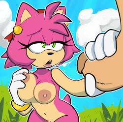 1boy 1girls accessory amy_rose blowjob bodily_fluids breast_grab breasts cum_string dick eyelashes faceless_male fellatio female_focus fluids gloved_handjob gloves green_eyes hand_on_penis handjob looking_at_partner mobian_(species) monamania navel open_mouth outside pink_body pussy ribbon sega sonic_(series) sonic_the_hedgehog_(series)