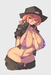 2girls australia australian_flag black_hair female female_only flag_bikini hat huge_breasts jacket kurdlez monokini national_personification open_clothes open_jacket red_hair smiling thick_thighs union_jack union_jack_bikini