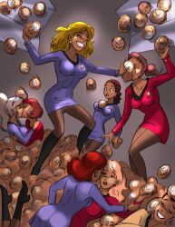 black_boots boots female fight gogo_boots high_heel_boots human humanoid kissing minidress multiple_girls party pillow_fight star_trek star_trek_the_original_series starfleet_uniform stvkar text tribble_(species) yuri