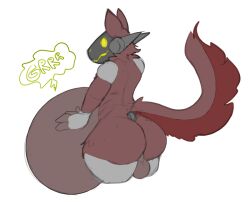 2023 4_fingers anthro ass backsack balls belly big_belly big_butt fingers fluffy fluffy_tail fur genitals hand_on_stomach hands_on_belly huge_belly machine male protogen red_belly red_body red_fur rumbling_stomach simple_background solo tail thigh_up white_background yellow_eyes yerbabuena