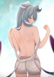 1girls back back_view bare_back bare_shoulders blue_hair braless covered_eye dragon_girl dragon_wings elira_pendora exposed_back exposed_shoulders eye_covered hair_covering_eye hair_over_one_eye hair_wings head_wings hi_res highres looking_back nijisanji nijisanji_en no_bra one_eye_covered one_eye_obstructed overalls overalls_only parkiranhonda solo solo_female solo_focus topless viewed_from_behind virtual_youtuber wings