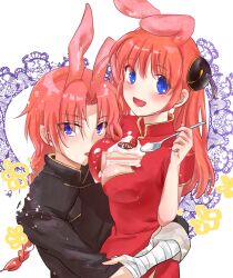 1boy 1girls aged_up blue_eyes blush braid braided_hair breast_press breast_squish brother_and_sister bun_cover bunny_boy bunny_ears bunny_girl cake china_dress chinese_clothes cleavage cleavage_cutout embrace female food fully_clothed gintama hair_ornament hug incest kagura_(gintama) kamui_(gintama) long_hair long_hair_male looking_at_viewer male medium_breasts open_mouth orange_hair shuchi_sekimen_taro siblings single_braid smile