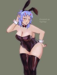 alpinefyre big_breasts blue_hair bunny_girl bunnysuit chubby chubby_female green_eyes horns latex