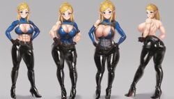 ai_generated blonde_hair blue_eyes breath_of_the_wild hands_on_hips high_heels latex latex_bodysuit latex_boots latex_clothing latex_gloves latex_legwear latex_stockings latex_suit latex_thighhighs matalica nintendo pinup princess_zelda the_legend_of_zelda zelda_(breath_of_the_wild)