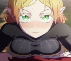 1boy 1girls big_breasts blonde_hair blush breast_press breasts busty elf female green_eyes highres isekai_ojisan large_breasts long_hair looking_at_viewer male pointy_ears pov screencap shibazaki_yousuke smile solo stitched sui_(isekai_ojisan) third-party_edit