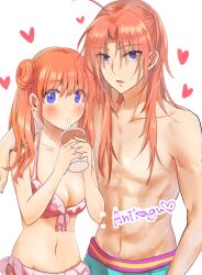 1boy 1girls abs aged_up bikini bishonen blue_eyes blush brother_and_sister drink drinking female gintama hair_bun hair_down kagura_(gintama) kamui_(gintama) long_hair long_hair_male looking_at_viewer male medium_breasts orange_hair pink_bikini shuchi_sekimen_taro siblings swimsuit teenage_girl teenager toned_male topless_male twintails wholesome