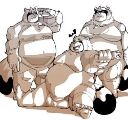 2020s 2023 absurd_res anthro balls belly big_belly canid canine coolietf genitals group hi_res kemono leaf male mammal moobs nipples overweight overweight_male raccoon_dog tanuki