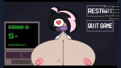 amoeblaster areolae black_hair blush breast_expansion breasts_bigger_than_head darla_dumas(burger_kurger) hair_over_one_eye heart-shaped_pupils horny? hyper_breasts labcoat masked_female pink_striped_hair screencap screenshot staring_at_viewer video_game video_game_character