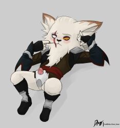 anthro blush diam_snow disembodied_hand erection eye_scar facial_scar genitals hi_res kled league_of_legends looking_at_genitalia looking_at_penis male pantsless penis picking_teeth riot_games scar shoes_on solo yordle