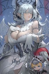 armored_dress clothing demon_girl duel_monster female horns huge_breasts labrynth_of_the_silver_castle lovely_labrynth_of_the_silver_castle mamayu smile white_hair yu-gi-oh!