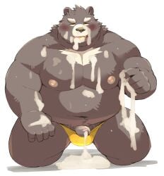 2023 anthro ayame42612 bear belly big_belly blush bodily_fluids cum cum_on_face genital_fluids genitals hi_res kemono male mammal moobs navel nipples overweight overweight_male penis simple_background solo