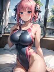 1girls ai_generated curvy_body curvy_female curvy_figure female_focus female_only go-toubun_no_hanayome high_resolution highres latex_swimsuit nakano_nino pink_nipples seductive_look stable_diffusion swimsuit