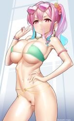 bare_shoulders bikini bikini_top_only blue_hair blush bottomless breasts censor_bar censored cleavage collarbone colored_inner_hair condom condom_in_mouth earrings eyewear_on_head fake_nails female green_bikini groin heart heart-shaped_eyewear high_ponytail highres hoop_earrings hozuki_kaede huge_breasts jewelry kanzaki_muyu large_breasts light_blue_hair long_hair looking_at_viewer micro_bikini mouth_hold multicolored_hair navel necklace onii-chan_wa_oshimai! paid_reward_available pink_hair ponytail pubic_hair pussy short_ponytail sidelocks skindentation smile solo string_bikini sunglasses swimsuit thighs two-tone_hair underboob used_condom v