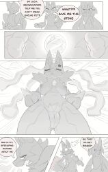 3lue_(artist) absurd_res angry anthro bared_teeth bisharp breasts comic dialogue female feral flustered greyscale group hi_res low-angle_view lucario male meowscarada monochrome nintendo pokemon pokemon_(species) pokemon_sv teasing trio unfinished worm's-eye_view