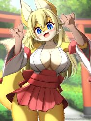 5_fingers :3 absurd_res adorable anthro bell big_breasts blonde_hair blush breasts canid canine cleavage clothed clothing cute cute_face faroula_twitt female female_anthro female_only fingers fox fur hair hand_gesture hi_res huge_breasts inner_ear_fluff kemono looking_at_viewer mammal smile solo solo_female tuft