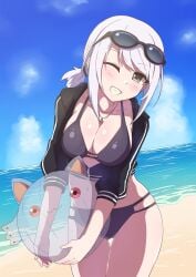 1girls ball beach beach_ball bikini bikini_top blue_sky curvaceous curvy curvy_body curvy_female curvy_figure female female_focus female_only glasses happy human human_only izumi_kanagi ka-9 kanagi_izumi kyuubee magia_record:_mahou_shoujo_madoka_magica_gaiden mahou_shoujo_madoka_magica puella_magi_madoka_magica sand sea seaside short_hair smile solo solo_focus swimsuit white_hair young