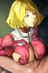 1boy 1girls alternate_breast_size big_breasts blonde_hair blue_eyes breasts cafekun censored earth_federation english_commentary female gundam large_breasts light-skinned_female light_skin long_sleeves military_uniform mixed-language_commentary mobile_suit_gundam mosaic_censoring paizuri paizuri_on_lap parted_lips penis sayla_mass short_hair smile solo_focus straight tan-skinned_male tan_skin