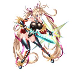 bimbo blonde_hair breasts hair_ornament hair_ribbon highleg highleg_leotard huge_breasts huge_nipples large_areolae leotard masachuusa nipple_bulge nipples nipples_visible_through_clothing ribbon skin_tight sword thighhighs tight tight_clothes tight_clothing twintails weapon