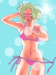 alternate_costume benrinnes_maiko bikini blonde_hair blue_background blush breath facial_scar female female_only gintama hair_down hand_on_head heart-shaped_pupils looking_at_viewer medium_breasts open_mouth pink_bikini purple_eyes short_hair side-tie_bikini solo sweat swimsuit thigh_gap tsukuyo