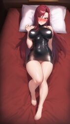 ai_generated blush erza_scarlet fairy_tail large_breasts latex latex_dress long_hair matalica on_bed pinup red_eyes red_hair